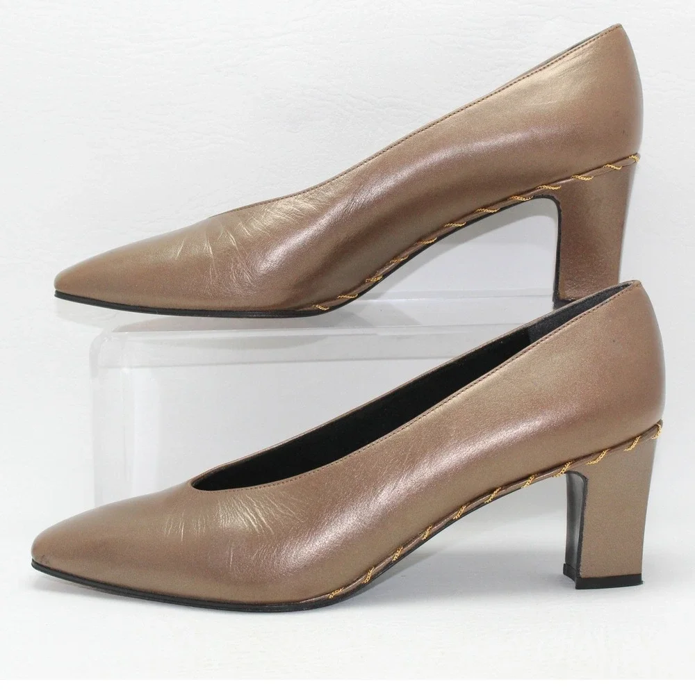 Vintage Stuart Weitzman Women Bronze Metallic Leather Chain Block Pumps 7.5B